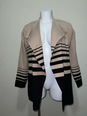 White House Black Market Beige and Black Striped Open Cardigan